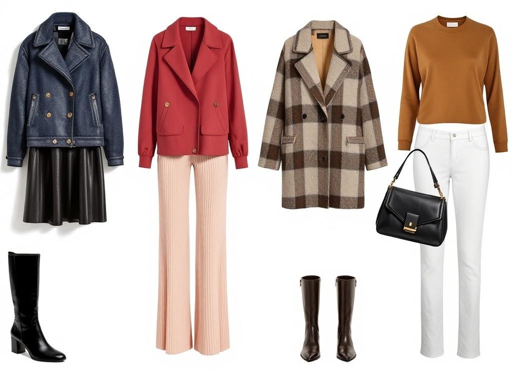 A collection of stylish clothing items including a denim jacket, red blazer, plaid coat, brown sweater, pleated pants, and various boots.