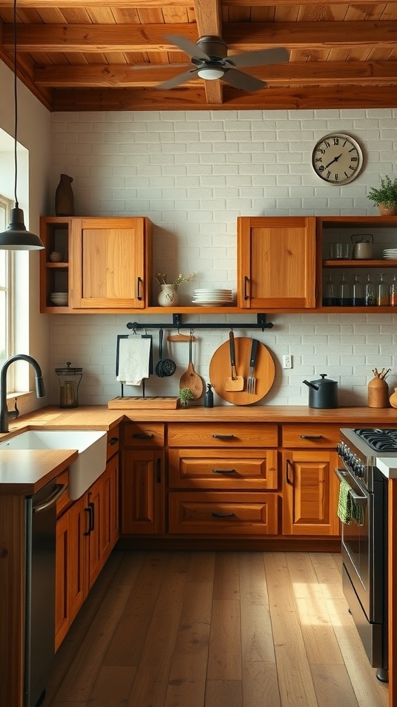 A cozy farmhouse kitchen featuring wooden cabinets and metal accents.