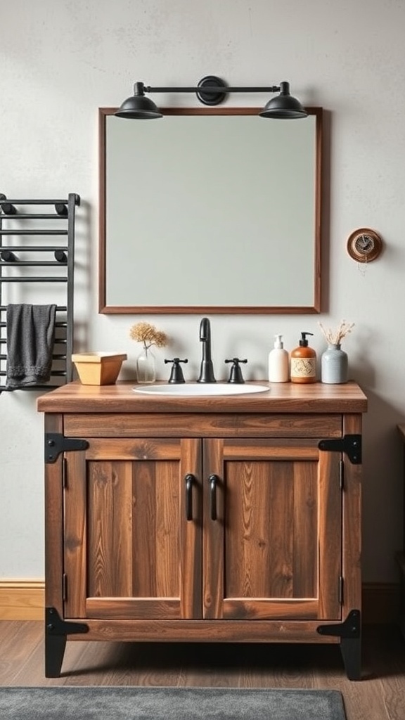 A rustic bathroom vanity made of wood with metal accents, featuring a sink and decorative items.