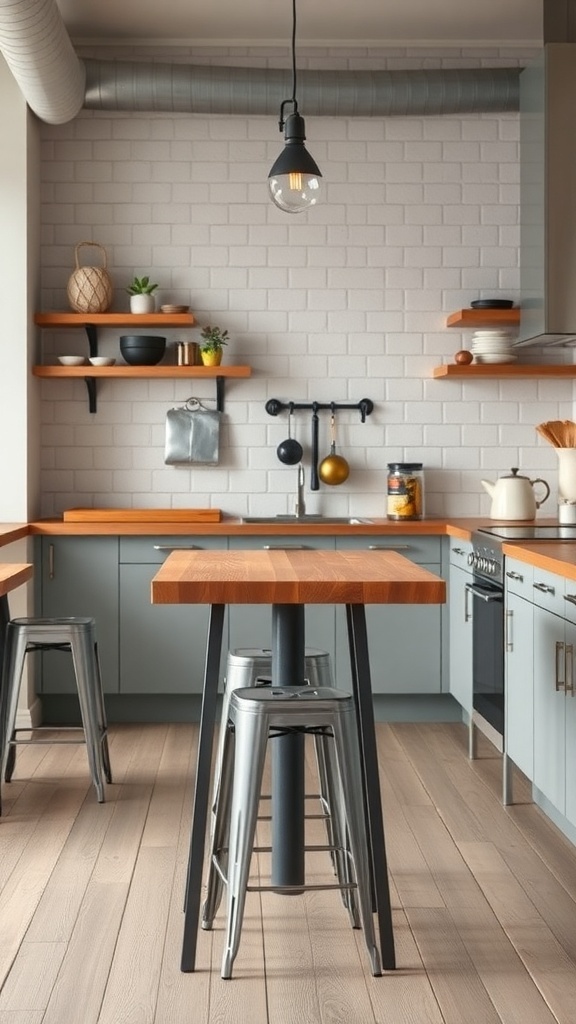 Industrial farmhouse kitchen featuring metal and wood elements.