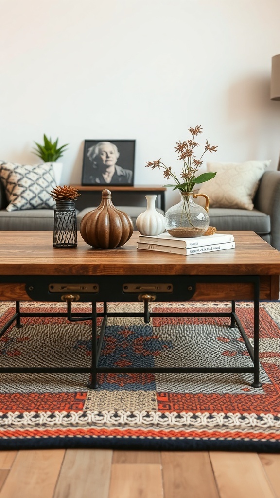 A rustic coffee table with a wooden top and metal legs, decorated with various items.