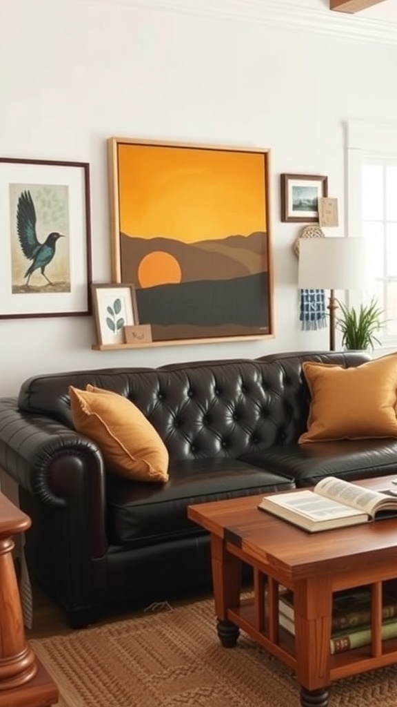 A stylish leather couch in a farmhouse living room with rustic decor.