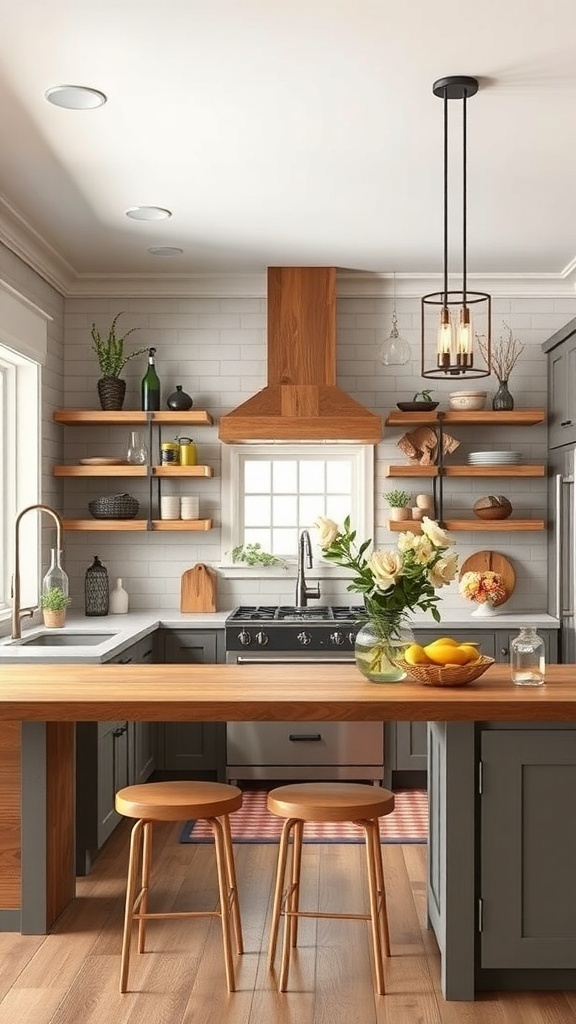 A modern farmhouse kitchen featuring wooden shelves, sleek pendant lighting, and a warm color palette.