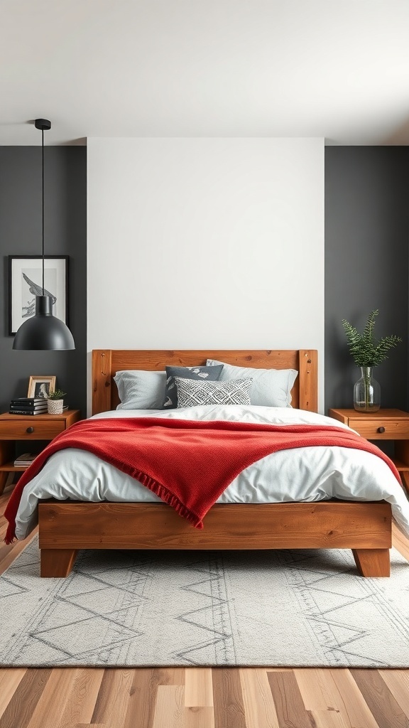 A rustic bed frame with a modern design, featuring a cozy blanket and stylish decor.