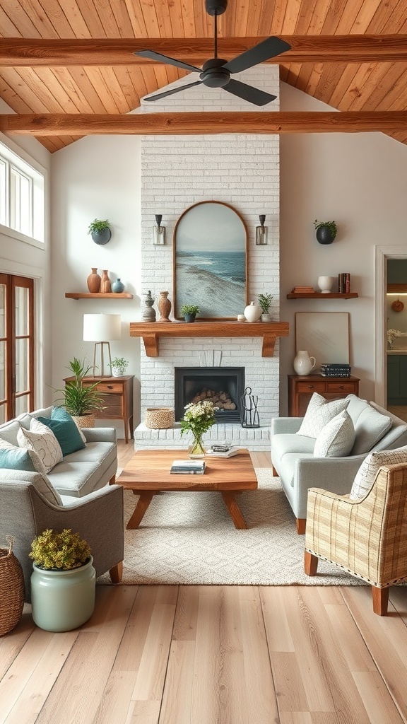 A modern farmhouse living room featuring a mix of rustic wood elements and contemporary furniture.