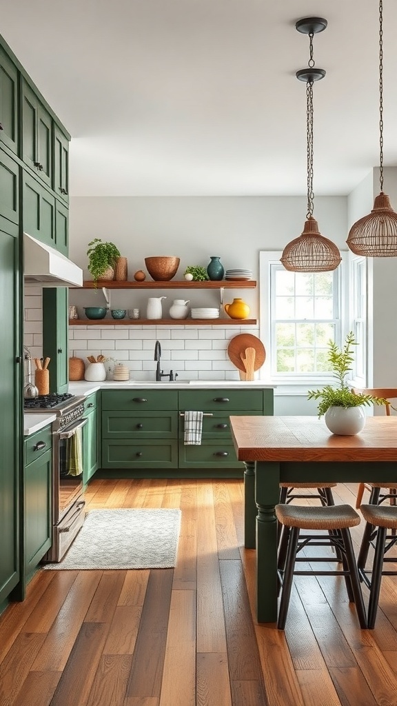A green farmhouse kitchen featuring modern cabinetry and rustic wooden accents.