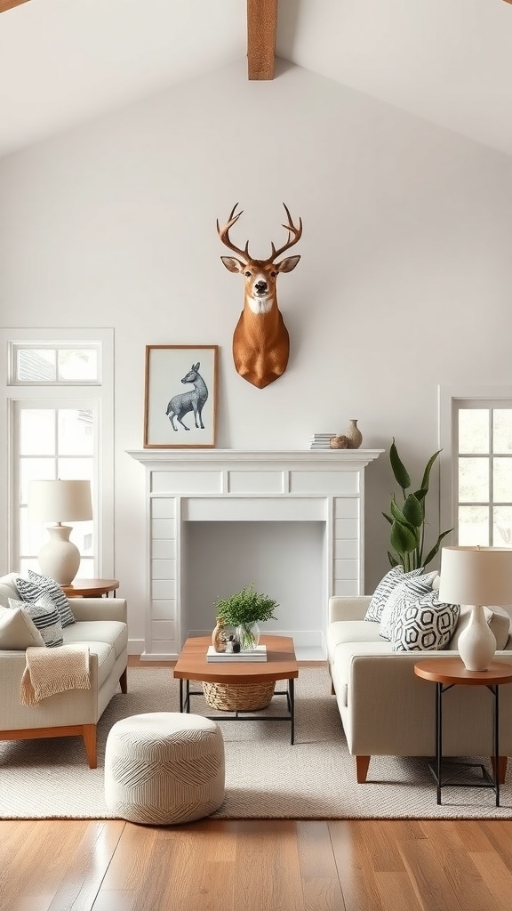 A stylish living room with a deer mount above the fireplace, showcasing a blend of modern and rustic decor.