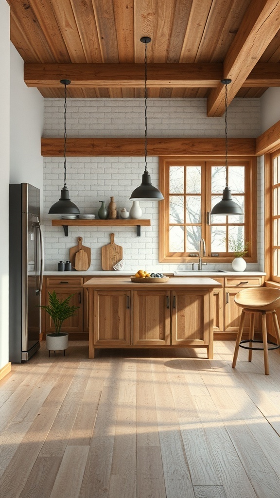 A rustic kitchen featuring wooden beams, a modern refrigerator, and a cozy atmosphere.