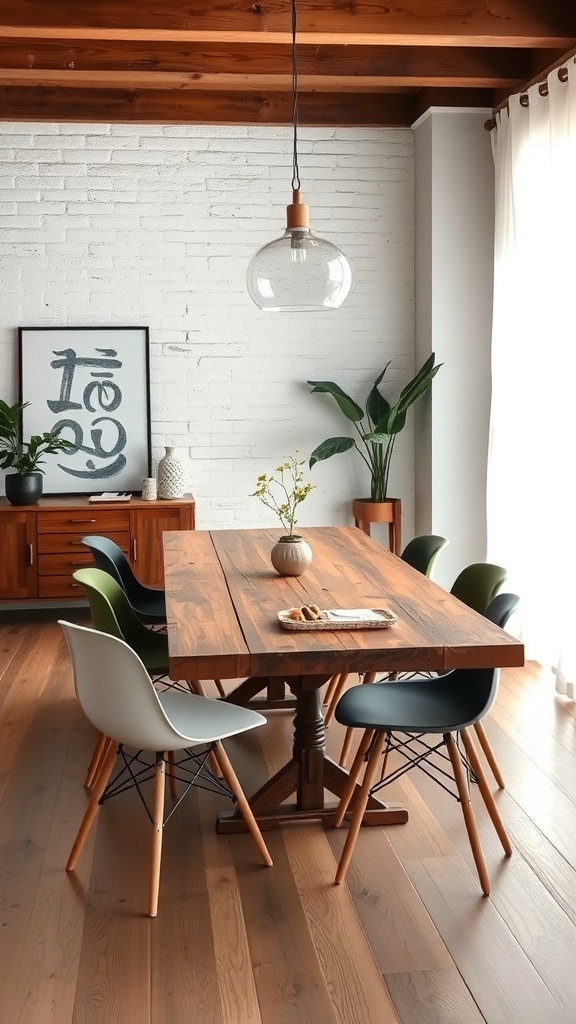 A rustic dining table surrounded by modern chairs in a bright dining area.