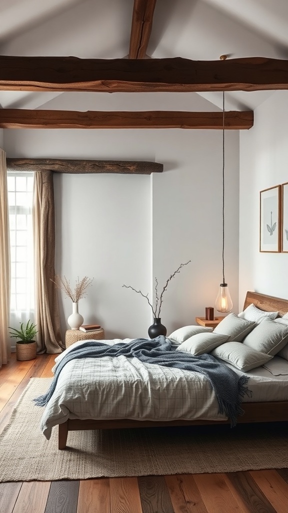 A modern rustic bedroom featuring wooden beams, a cozy bed with pillows, and natural decor elements.