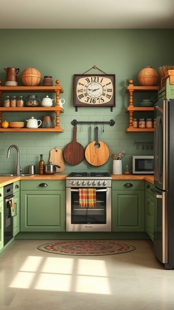 A rustic green kitchen with wooden accents and modern appliances.