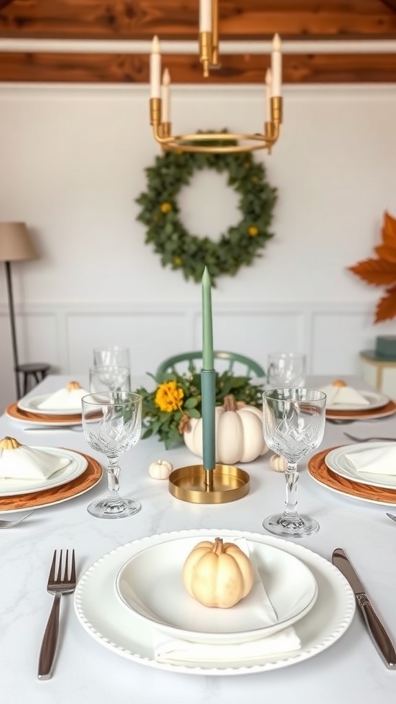 A beautifully set Thanksgiving dinner table with modern and traditional elements, featuring white plates, small pumpkins, and a green candle centerpiece.