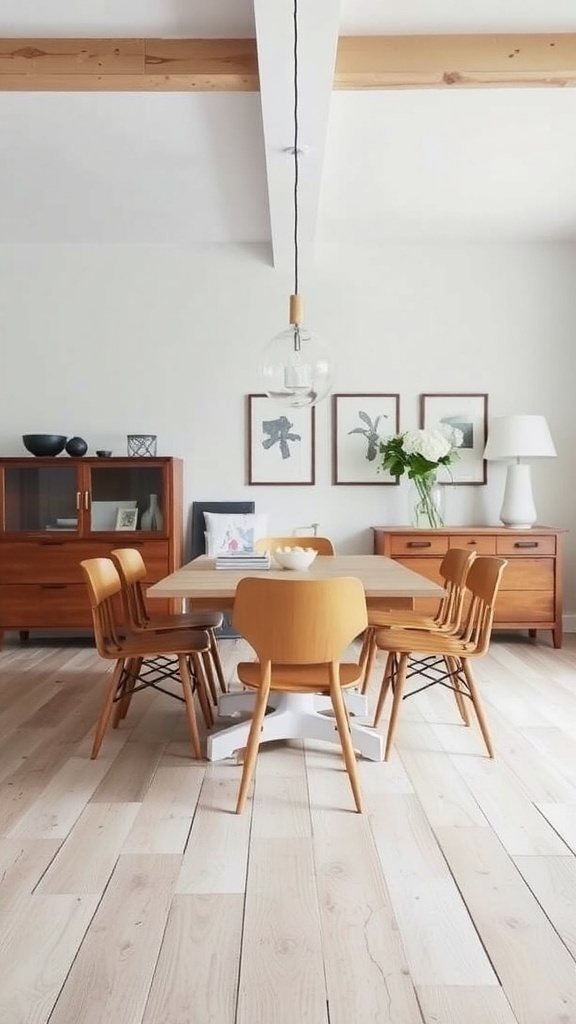 A modern farmhouse dining room featuring a mix of traditional wooden furniture and modern chairs.