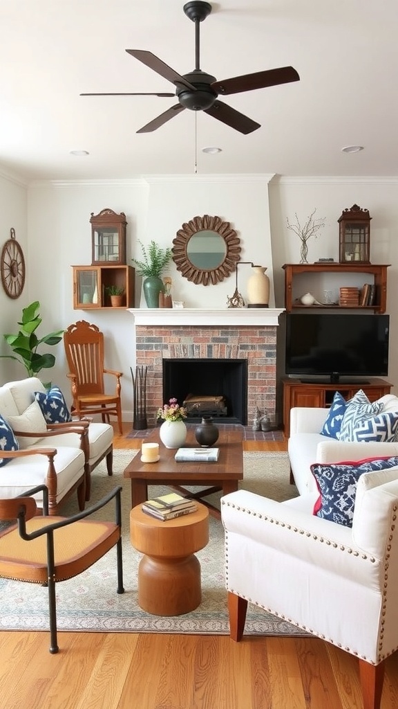 A cozy living room in an old farmhouse featuring a mix of modern and vintage furniture.