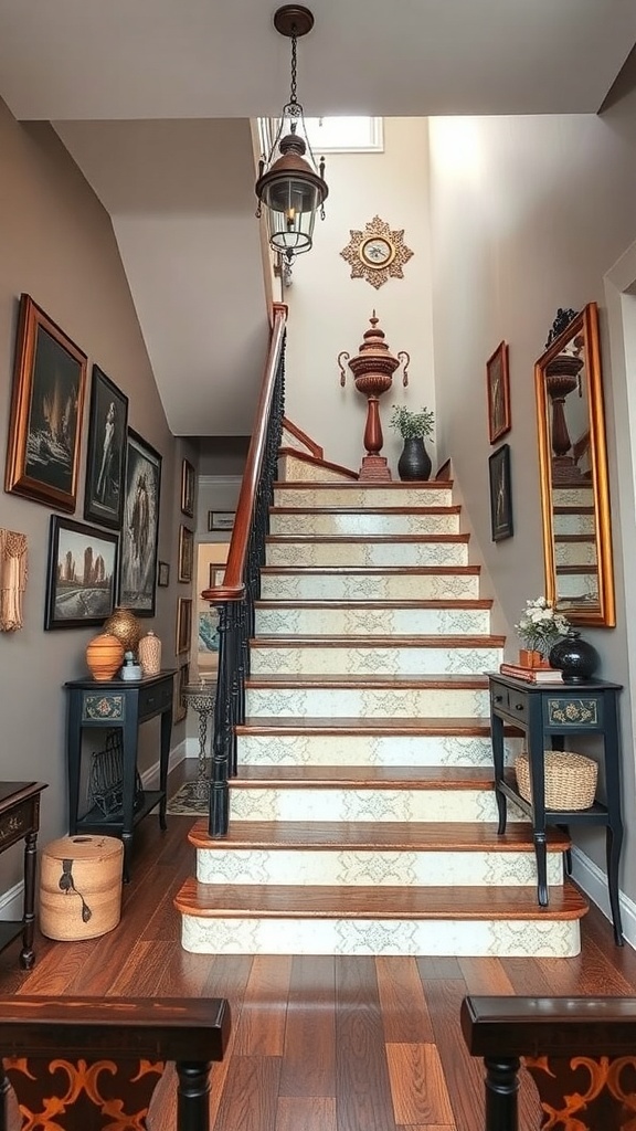 A staircase featuring a mix of modern and vintage elements, with decorative frames and a stylish light fixture.