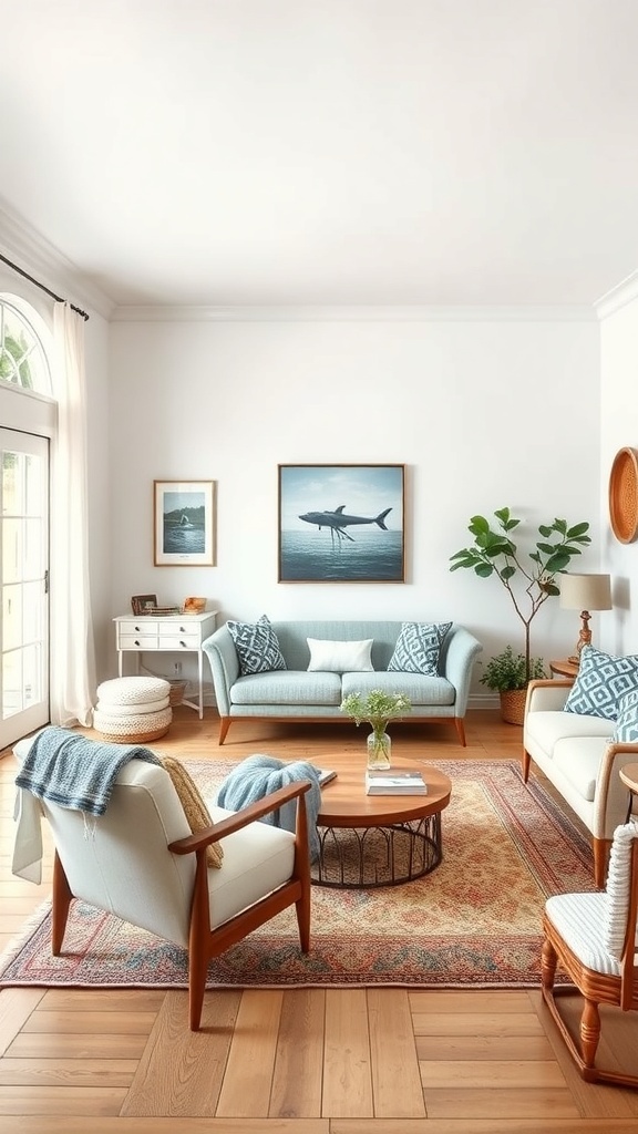 A coastal farmhouse living room featuring a mix of modern and vintage furniture.