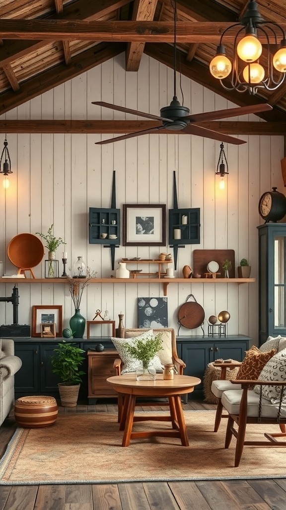 A cozy living room featuring a mix of modern and vintage lighting styles.