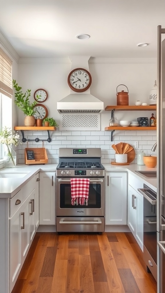 A cozy white farmhouse kitchen featuring modern appliances and vintage decor.