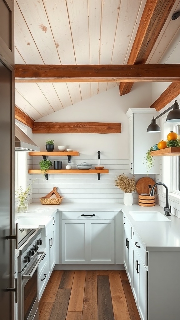 A small farmhouse kitchen featuring modern white cabinets, wooden beams, and open shelving.