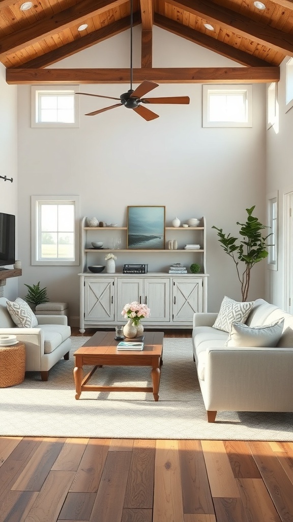 A modern rustic living room featuring light-colored furniture, wooden accents, and natural light.