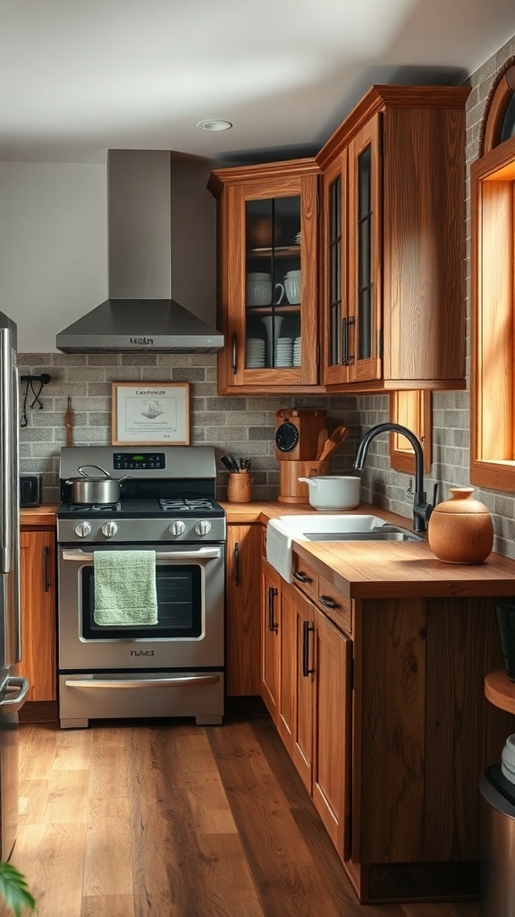 A rustic kitchen featuring wooden cabinets and modern appliances.