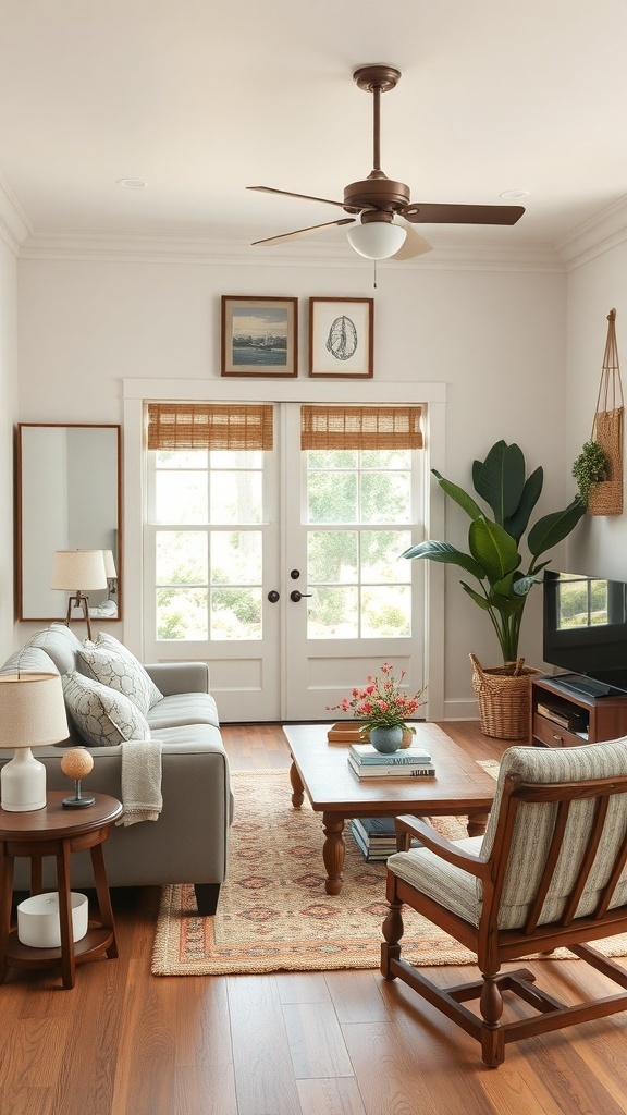 A small farmhouse living room featuring a mix of vintage and modern decor.