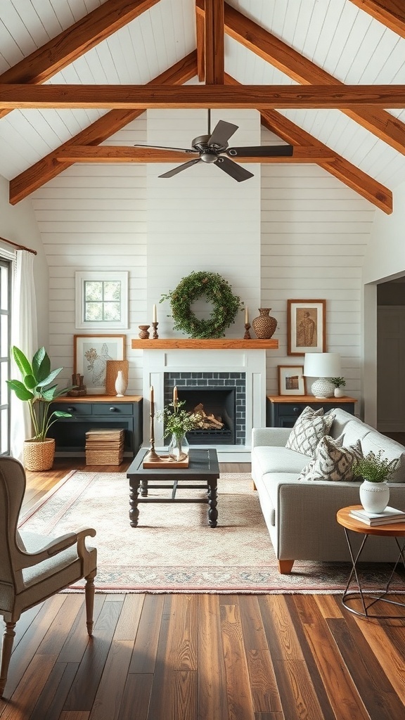 A contemporary farmhouse living room featuring a mix of vintage and modern decor.