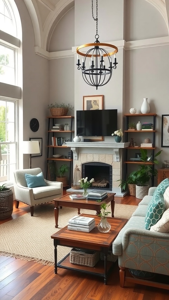 A cozy farmhouse living room with a mix of vintage and modern furniture.
