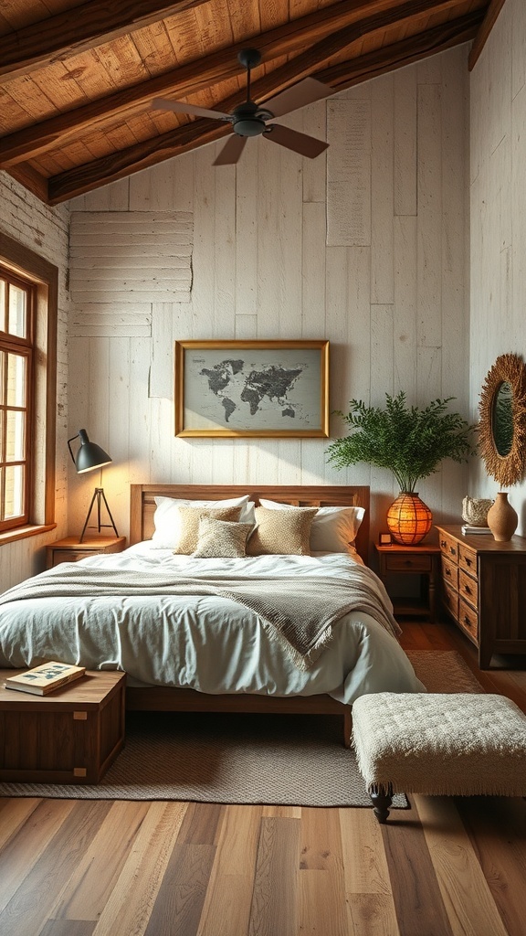 A rustic bedroom featuring wooden beams, textured walls, and a mix of vintage and modern furniture.