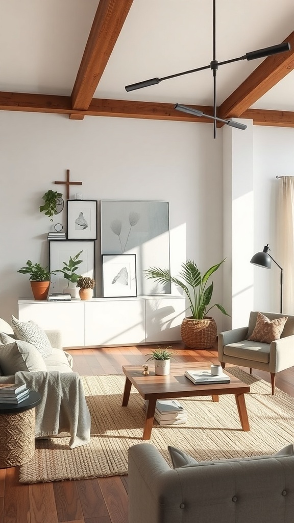 A cozy living room featuring rustic wooden beams, modern furniture, and plants.