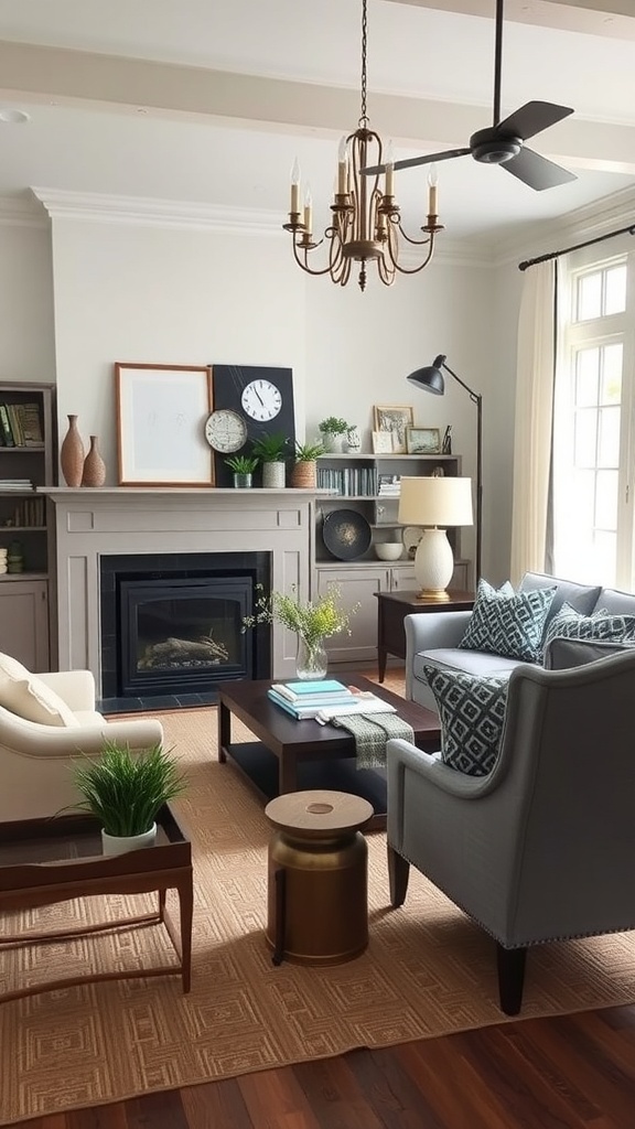 A modern farmhouse living room featuring a mix of old and new furniture, including a vintage chair and a contemporary coffee table.