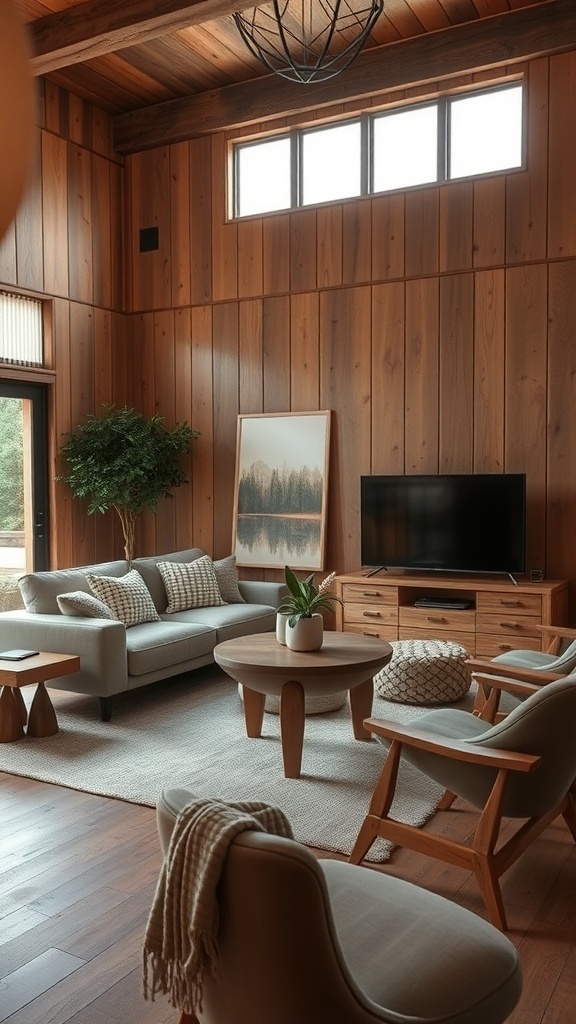 A cozy living room featuring rustic wooden beams, modern furniture, and a blend of vintage and contemporary decor.