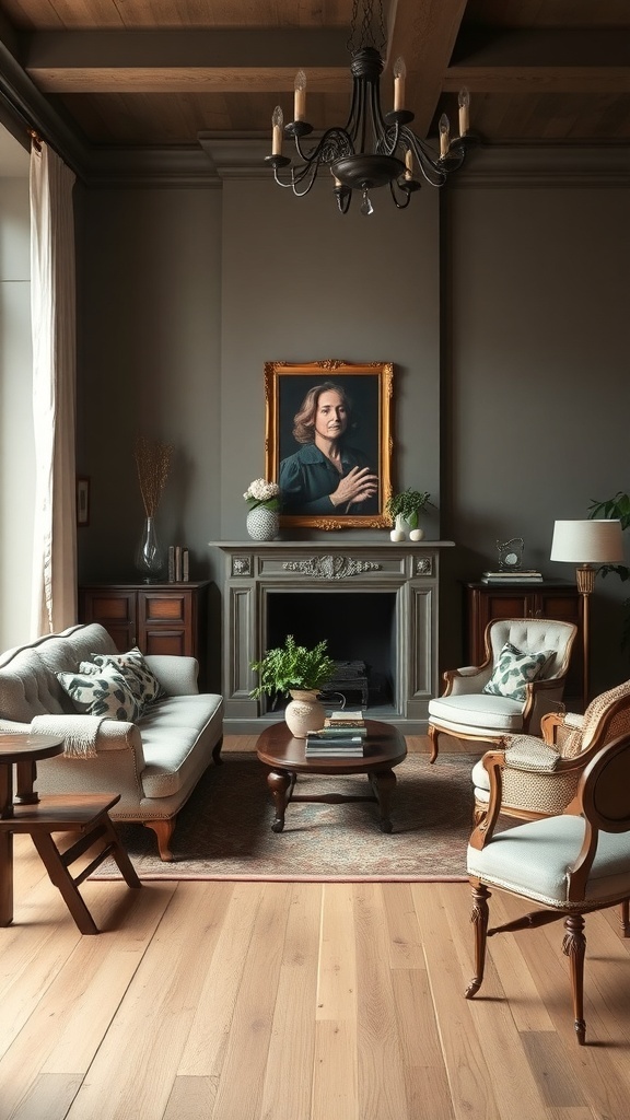 A cozy country cottage living room featuring a mix of vintage and modern furniture.