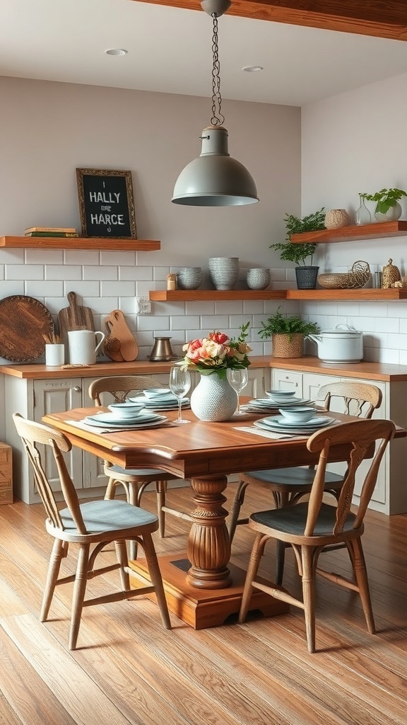 A cozy farmhouse kitchen with a wooden table and modern decor.