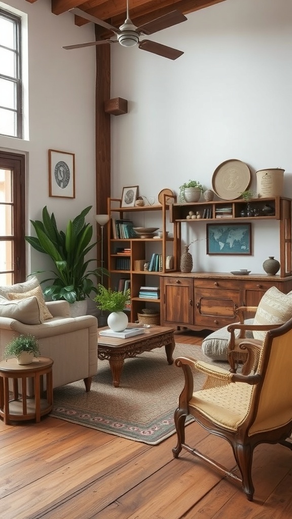 A cozy living room featuring a mix of vintage and modern furniture.