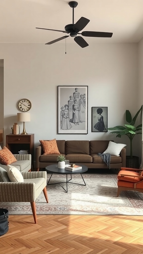 A stylish living room featuring a mix of modern and vintage furniture, with a brown sofa, patterned rug, and various decorative elements.