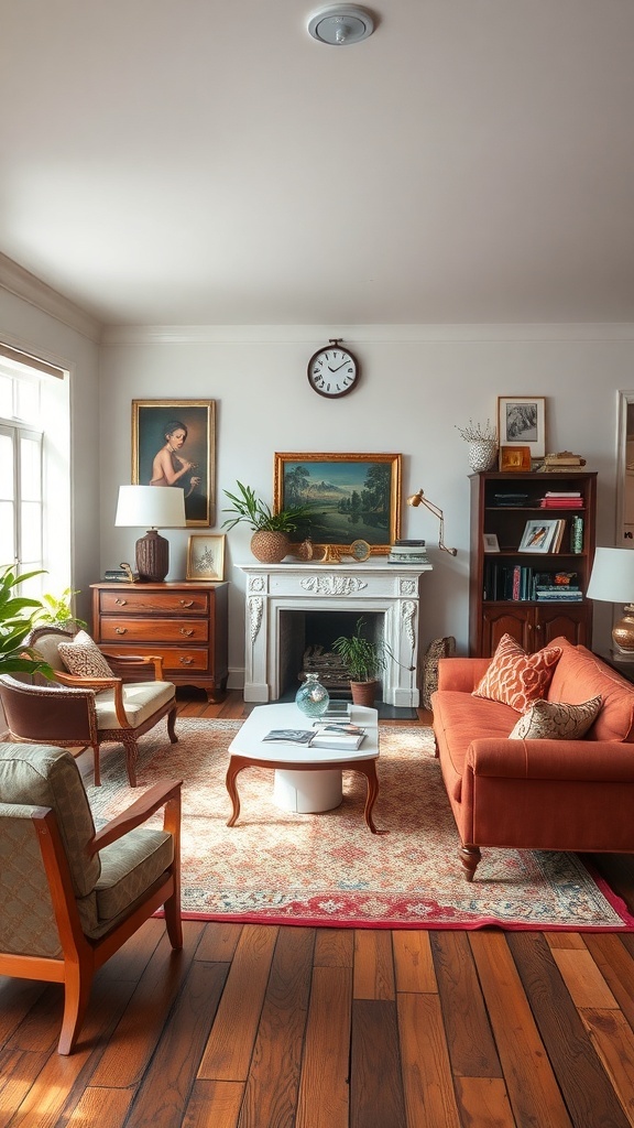 A cozy living room featuring a mix of vintage and modern decor, including a fireplace, artwork, and comfortable seating.