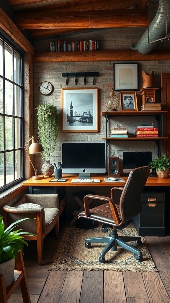 A rustic interior workspace featuring a wooden desk, modern computers, and vintage decor.