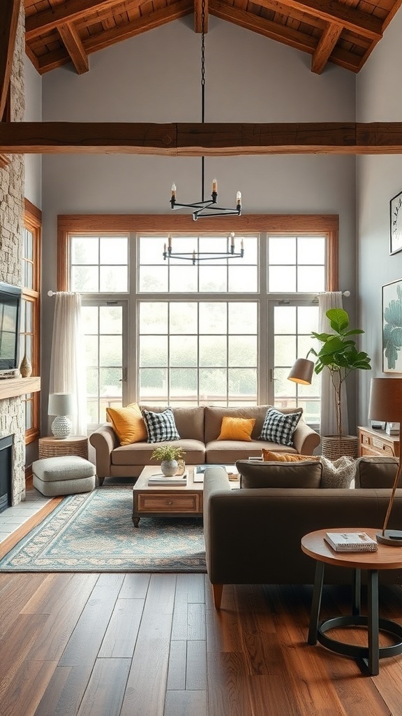 A rustic living room featuring wooden beams, a stone fireplace, and modern furniture.