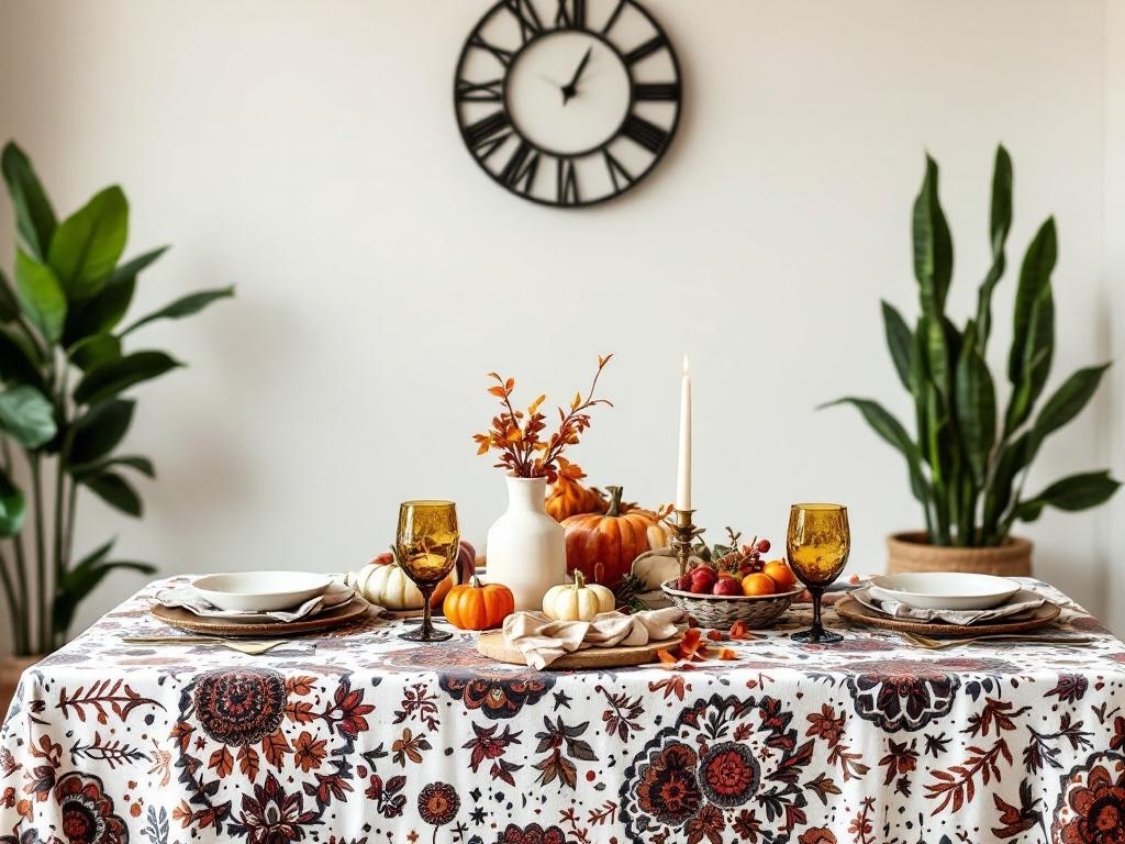 A beautifully set boho Thanksgiving table with a floral tablecloth, amber glasses, pumpkins, and autumn leaves.