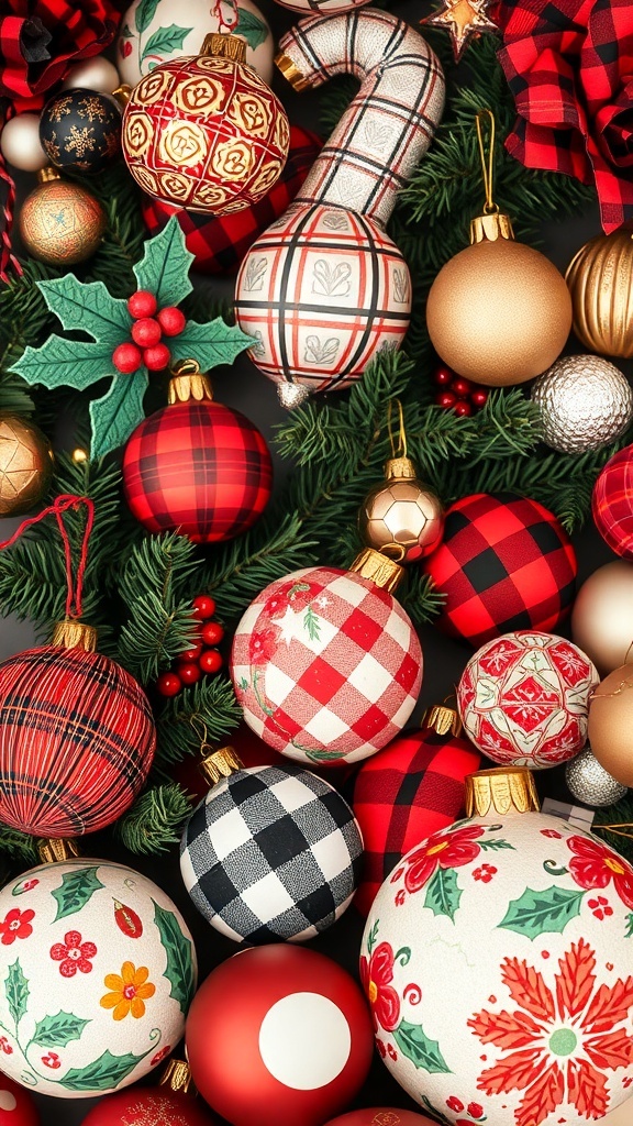 A collection of eclectic Christmas ornaments featuring various patterns and colors.