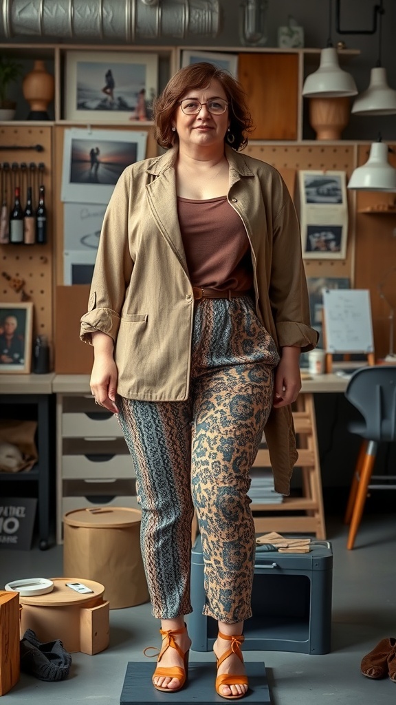 A plus-size mannequin wearing a patterned outfit in a stylish workspace.