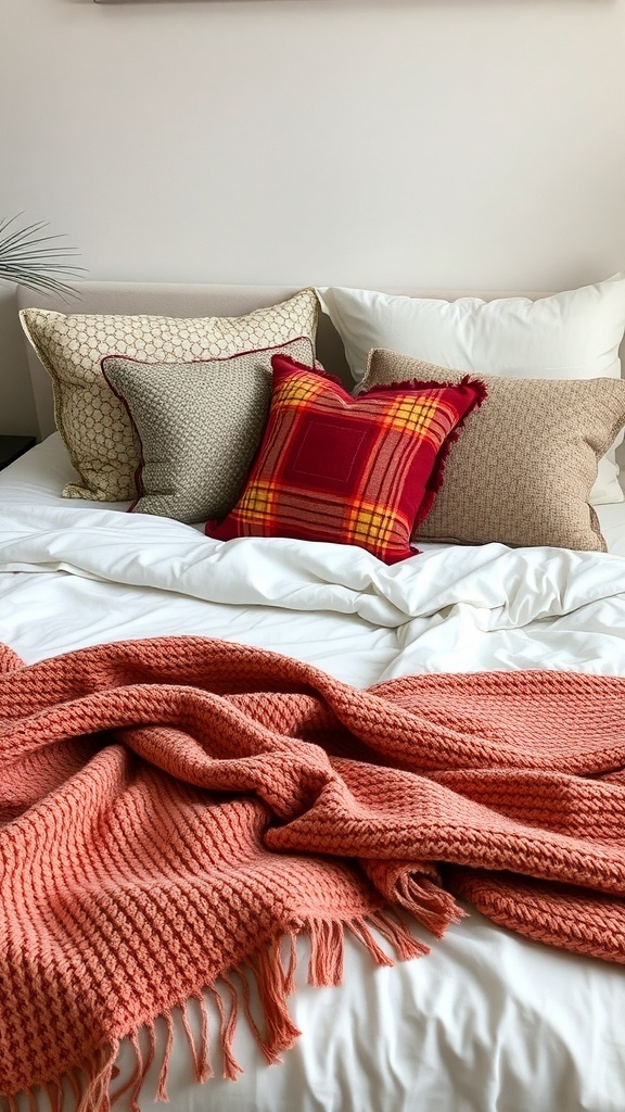 A cozy bed with various pillows and a textured throw blanket, showcasing a fall aesthetic.