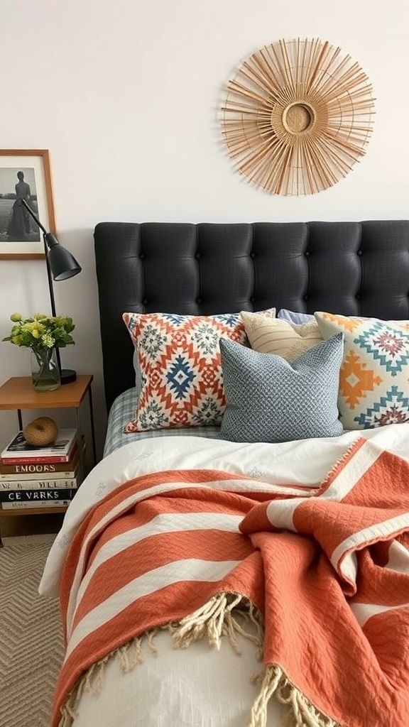 A cozy bedroom featuring a black tufted headboard, colorful patterned pillows, a striped blanket, and a decorative wall piece.