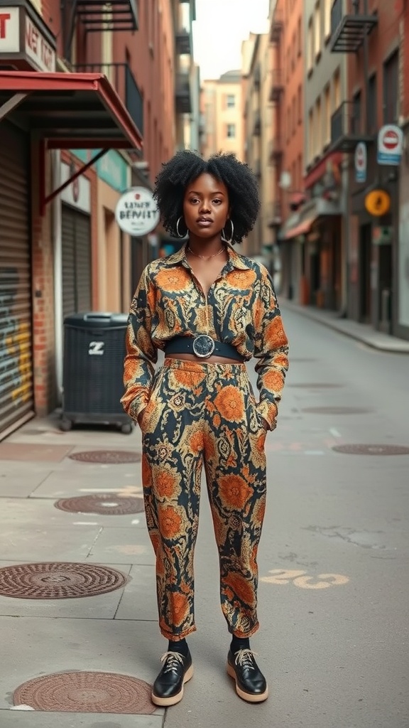 A black woman in a patterned jumpsuit standing confidently in an urban setting.