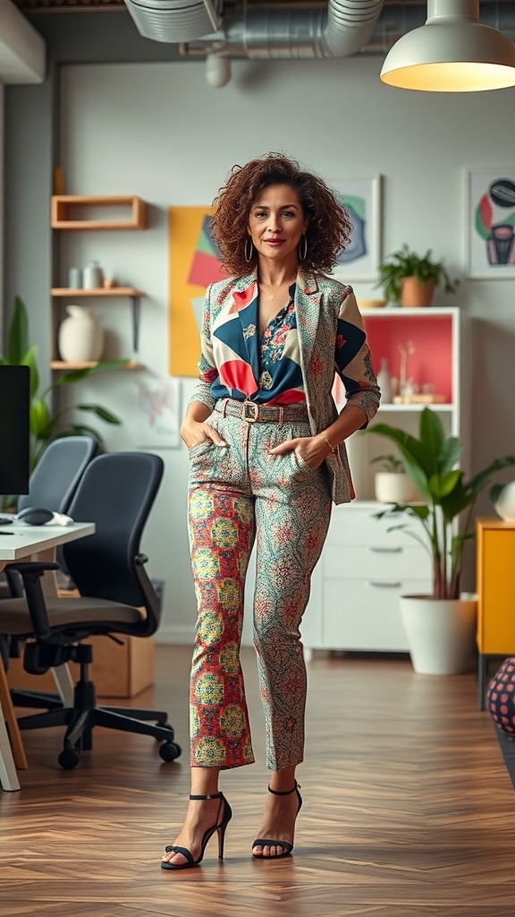 A woman in a colorful patterned outfit, featuring a blazer and trousers, standing confidently in a modern office space.