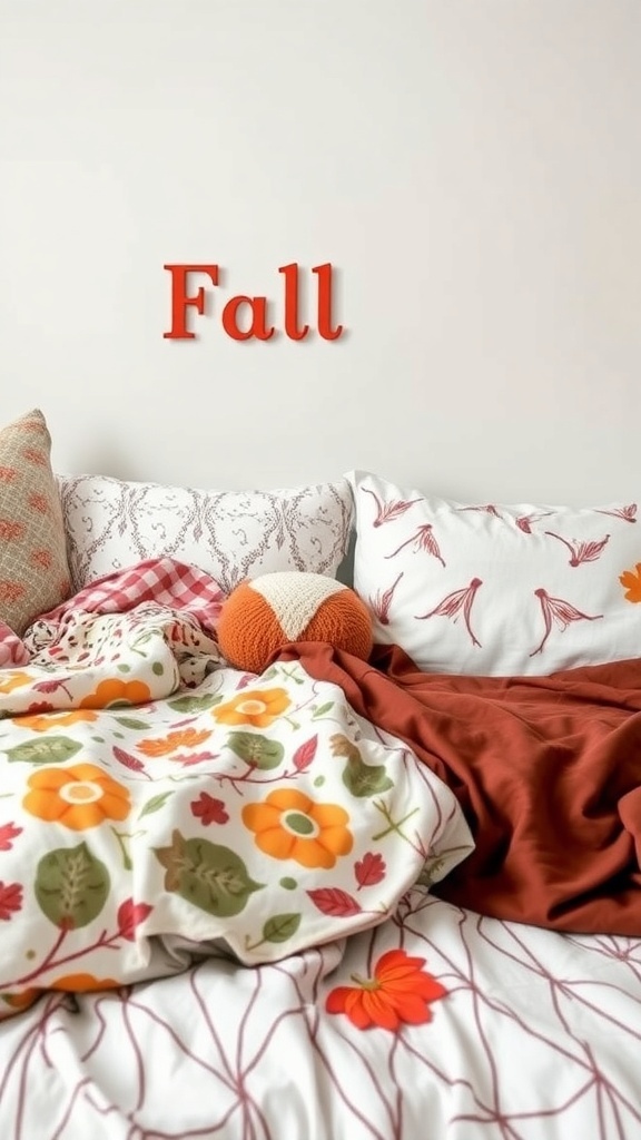 Cozy fall bedding with floral patterns and warm colors
