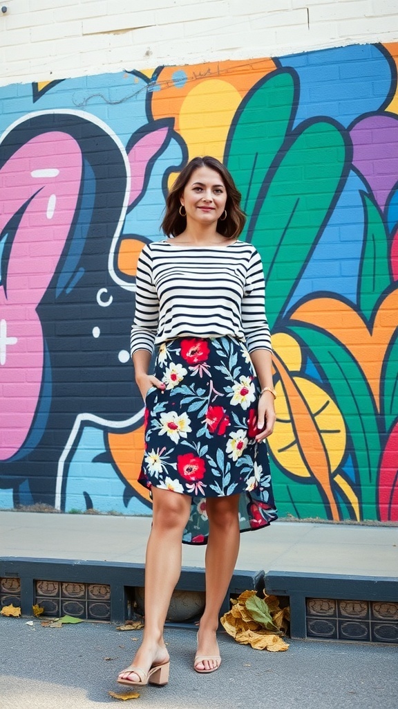 A young woman in a striped top and floral skirt stands in front of a colorful mural.