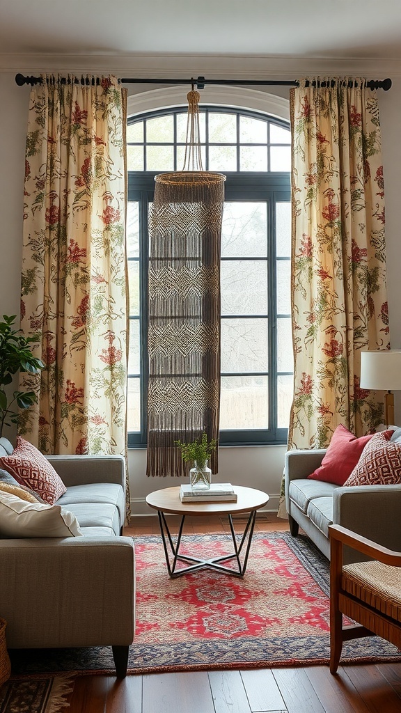 Living room with floral curtains and geometric cushions