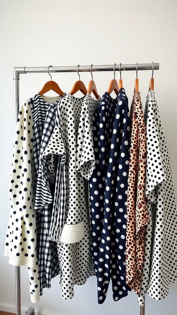 A rack displaying various patterned shirts, including polka dots and stripes.